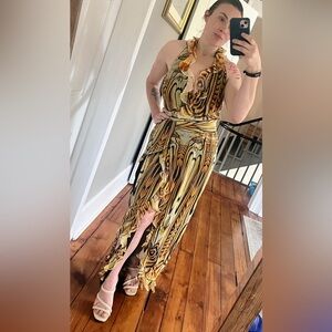 Tamsen Y2K Designer Gold/Brown Abstract Print Ruffle Halter Silk Gown NWT